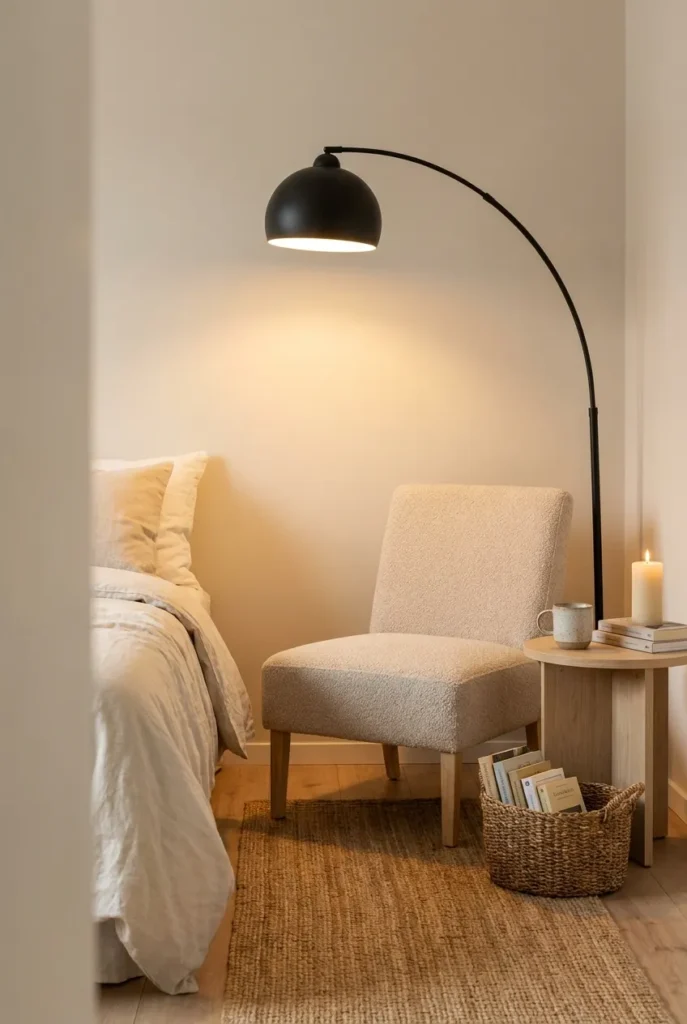 Scandinavian hygge reading nook in a bedroom corner with oat slipper chair and black arc lamp.