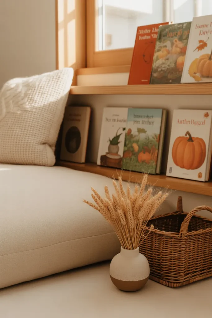 Seasonal fall Montessori reading nook with pumpkin books and dried wheat stems.