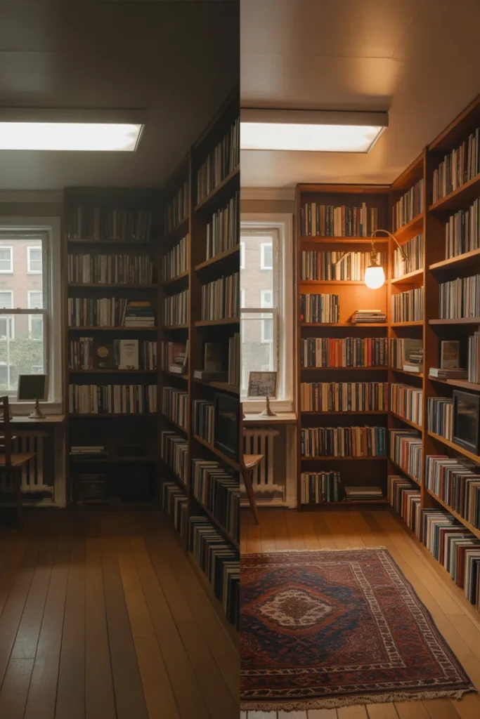 Side by side comparison of cluttered reading nook versus styled cozy reading nook