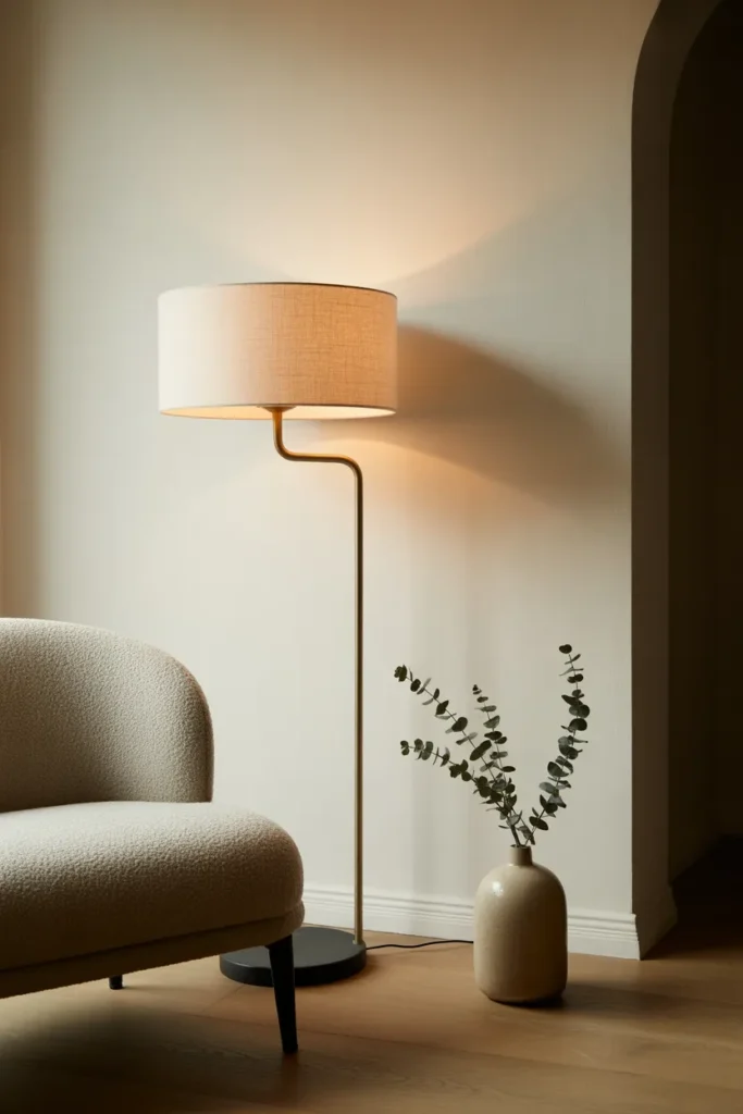 Slim brass floor lamp beside boucle chair in minimalist Japandi reading nook