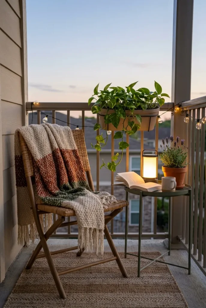 Small apartment balcony reading nook with bistro chair, lantern, and wool throw at dusk.