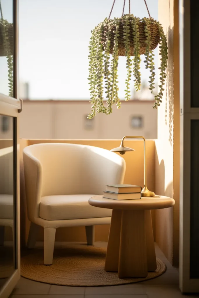 Small apartment balcony reading nook with single accent chair and cordless lamp.