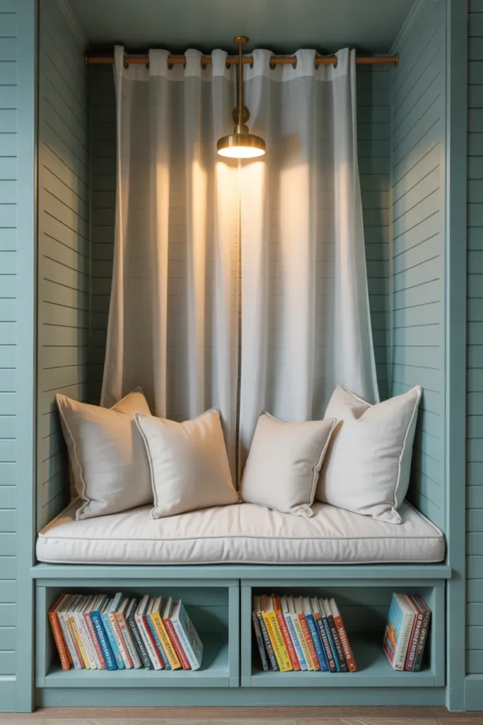 Small coastal reading nook in a converted closet with sea salt green walls, linen pillows, and brass sconce