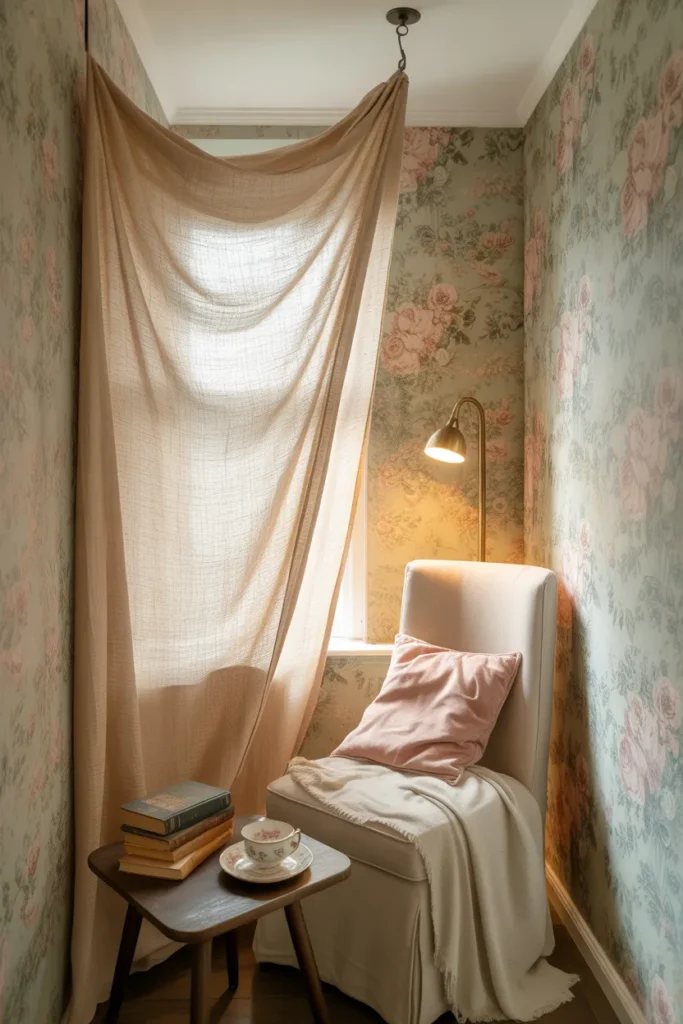 Small space rental grandmacore reading nook with peel-and-stick wallpaper and plug-in sconce.