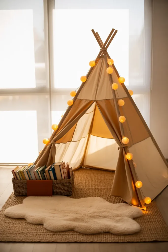 Small space rental reading teepee with layered rugs and battery lights