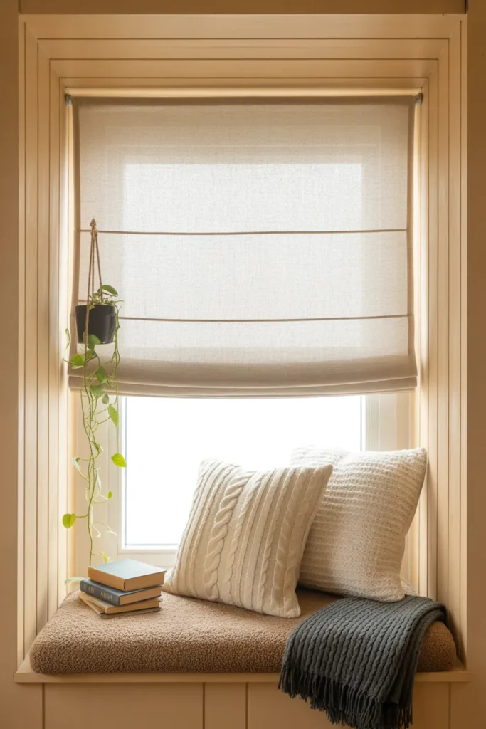 Small window seat cushion in oat linen with Scandi styling for cozy bedroom reading nook