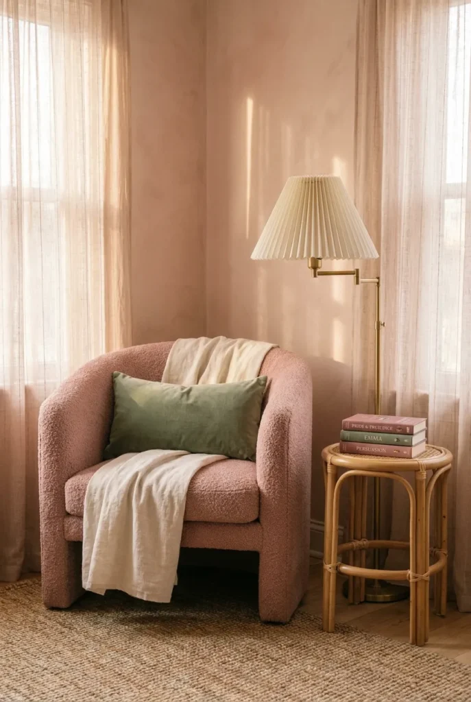 Soft dusty pink reading nook with boucle armchair, brass lamp, and sage green pillow in a sunny corner.