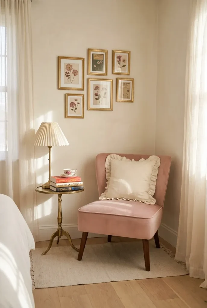 Soft girl pink reading nook with blush slipper chair, scalloped lampshade, and gold-framed gallery wall.