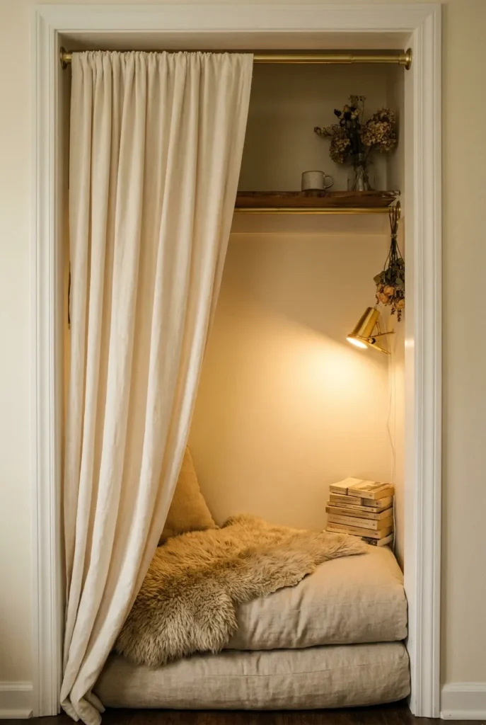 Studio apartment closet converted to reading nook with linen curtain and floor cushion.