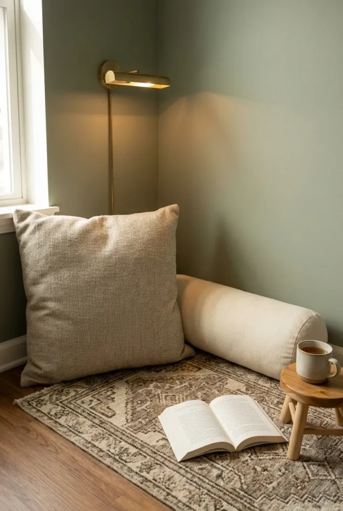 Studio apartment floor cushion reading nook with bolster and warm picture light.