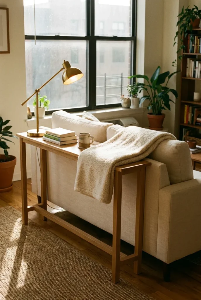 Studio apartment narrow console table behind sofa with swing-arm lamp and reading throw.