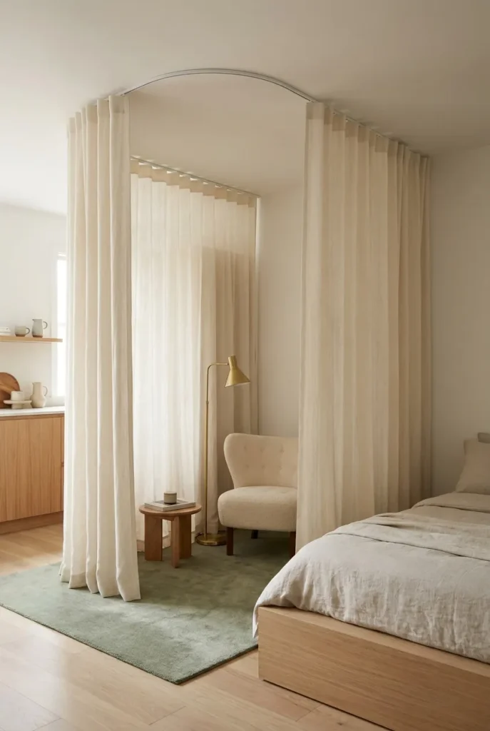 Studio apartment reading nook divided by sheer linen ceiling-track curtain.