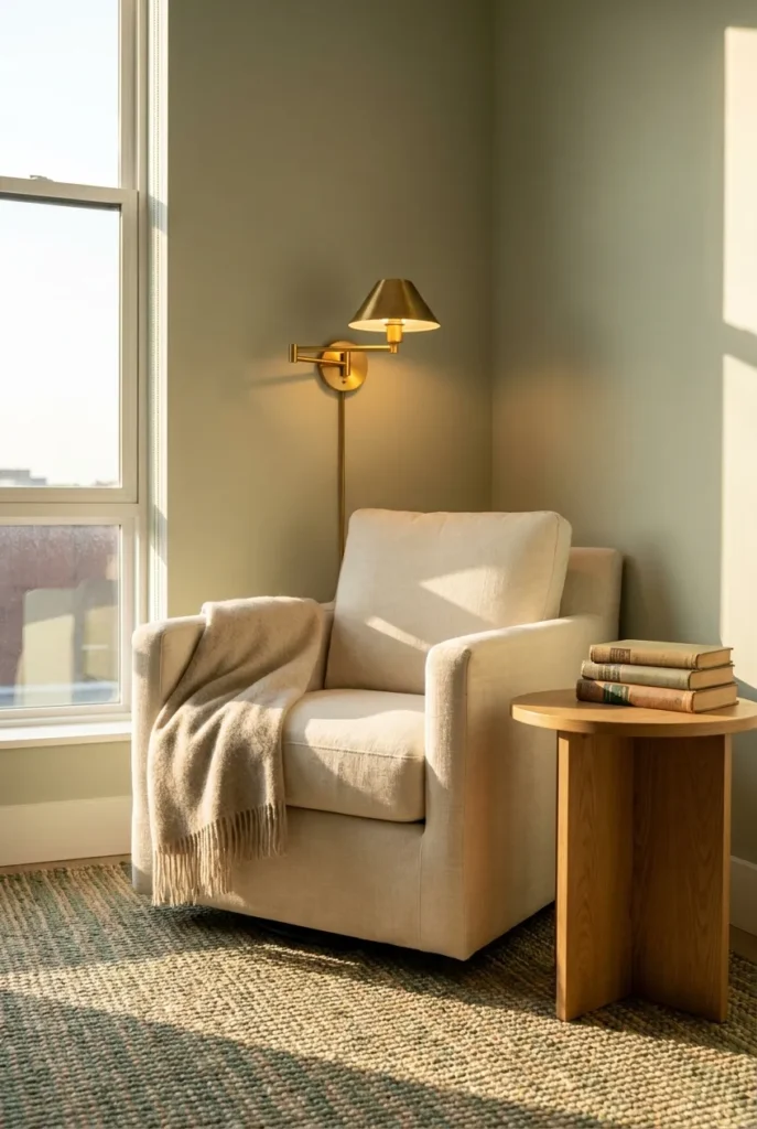 Studio apartment reading nook with cream armchair, brass sconce, and oak side table in soft daylight.