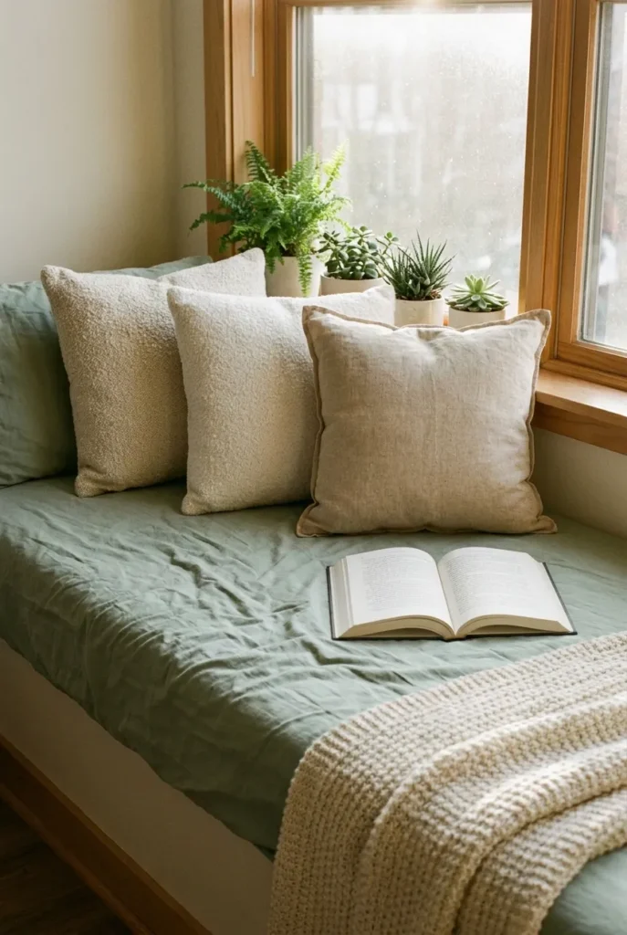 Studio apartment window sill daybed reading nook with sage sheet and layered pillows.