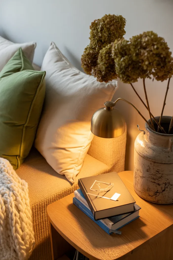 Styled basement reading nook with cream cushion, sage accents, layered textures, brass sconce, and stacked books.