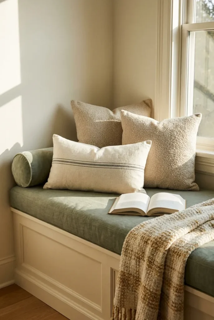 Styled built-in reading bench with sage cushion, layered linen pillows, wool throw, and open hardcover book.