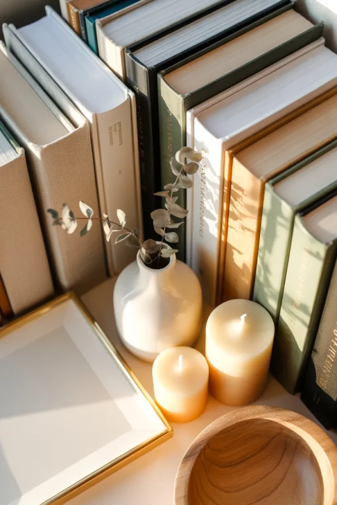 Styled reading nook bookshelf with cream and sage books, ceramics, brass frame, and dried eucalyptus