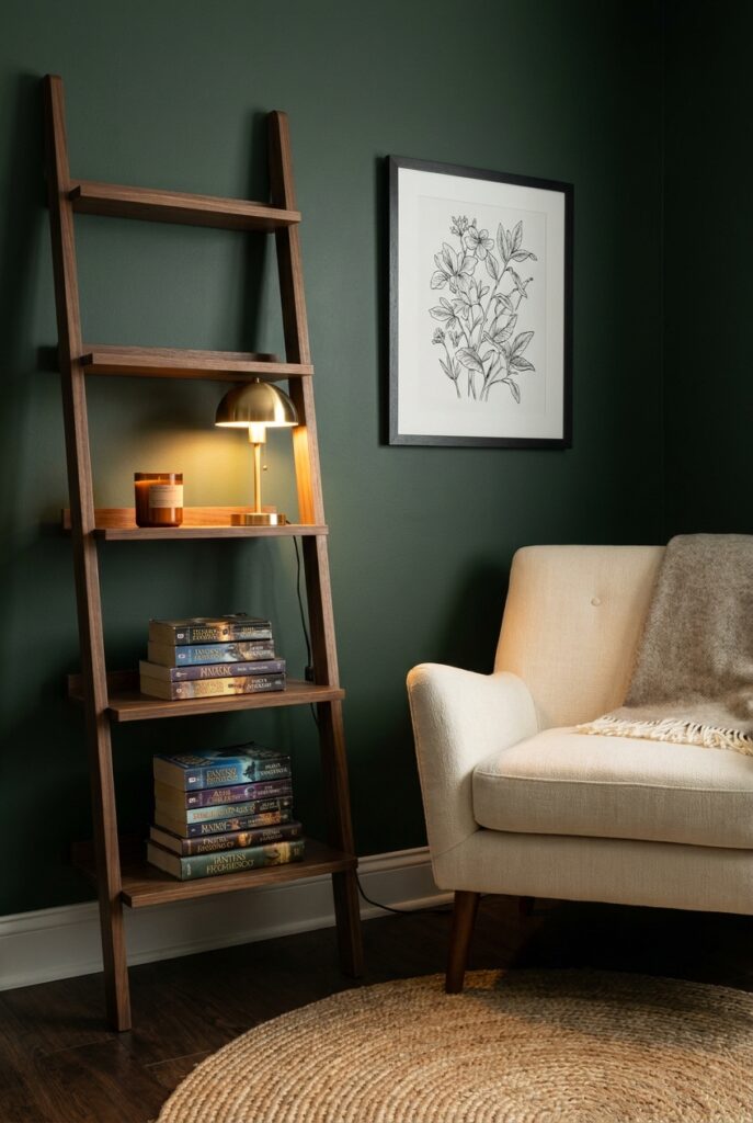 Subtle dark-academia tween reading corner with green walls, wood shelf, and brass lamp.