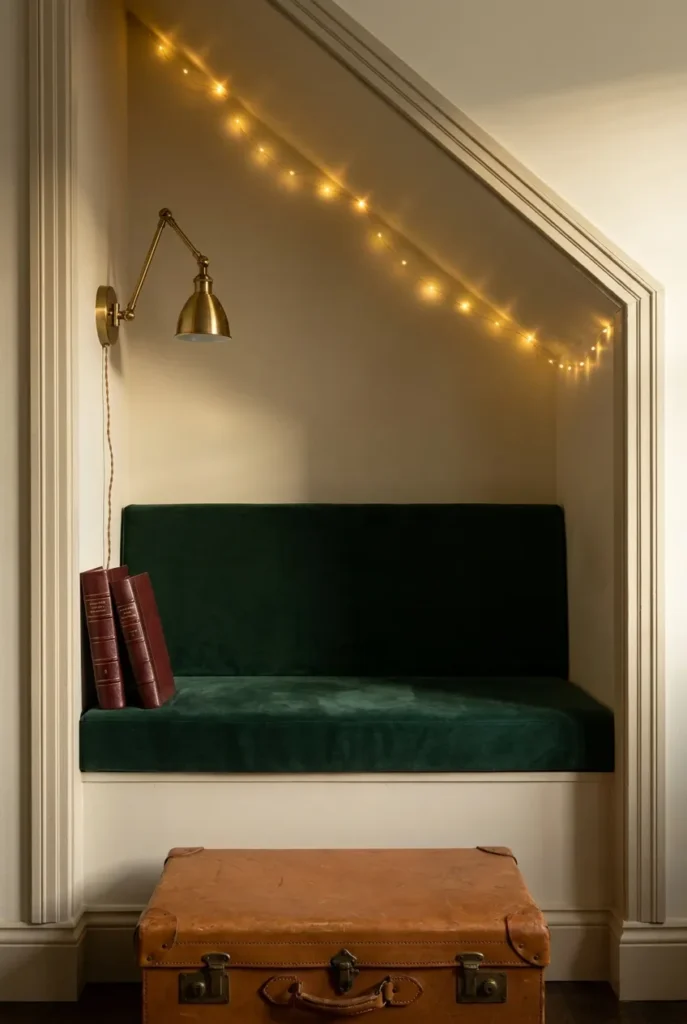 Tasteful Harry Potter reading nook under the stairs with green velvet bench, brass sconce, and leather books.
