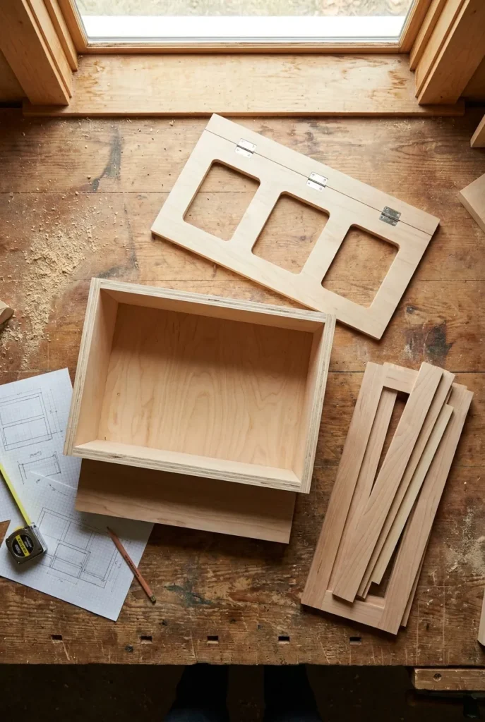 Three components of a built-in reading bench laid out base box, hinged seat top, face frame trim pieces.