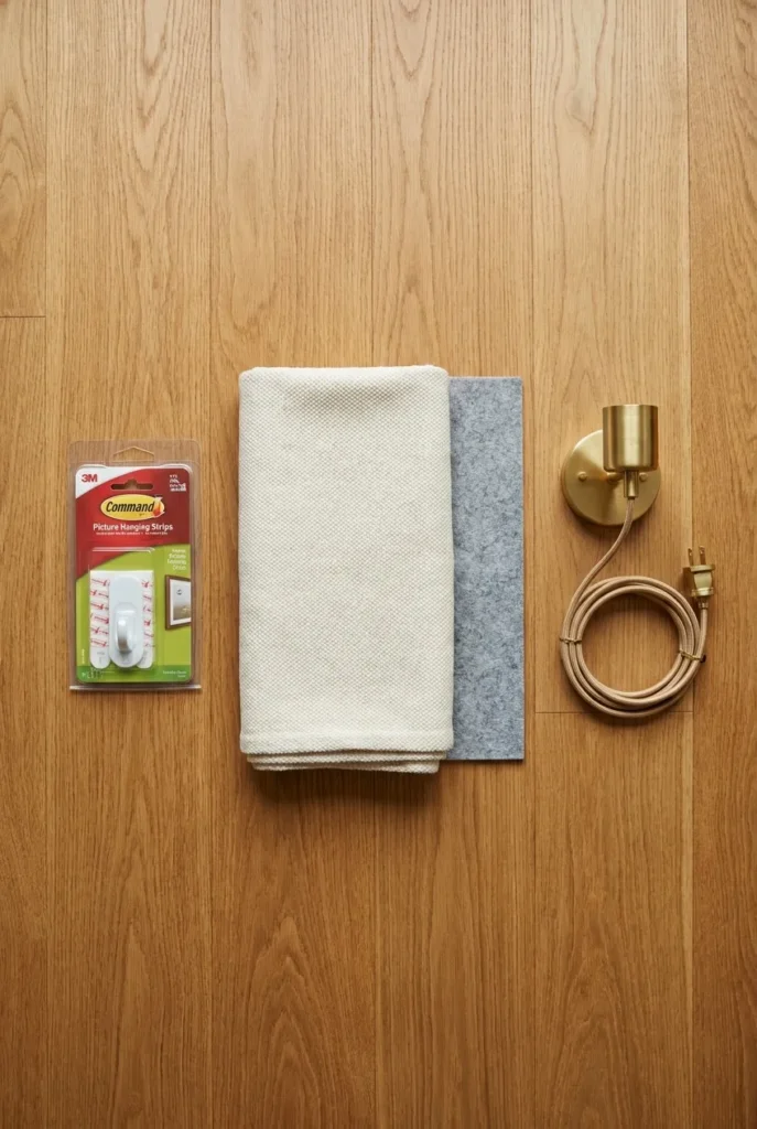 Three deposit-safe essentials for a renter reading nook Command hooks, washable rug, and plug-in sconce.
