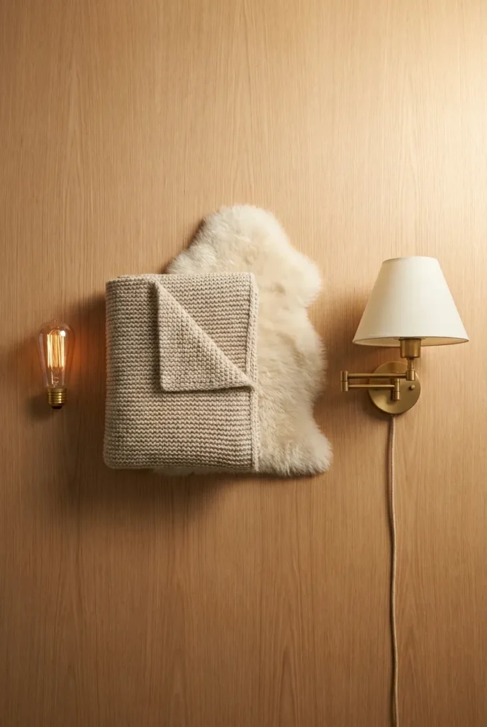 Three hygge reading nook essentials laid flat warm bulb, wool throw, and brass sconce.