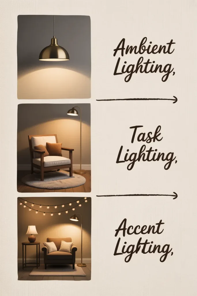 Three-layer basement reading nook lighting guide showing ambient, task, and accent lighting with brass and warm bulbs.
