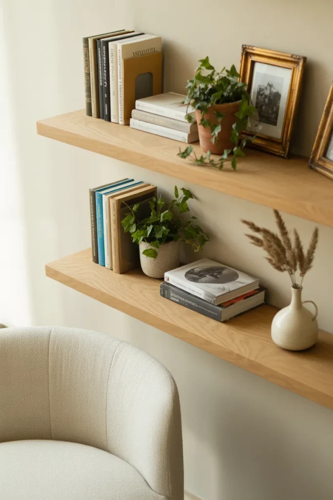 Three light oak floating shelves styled above a cream chair with books, plants, and ceramics