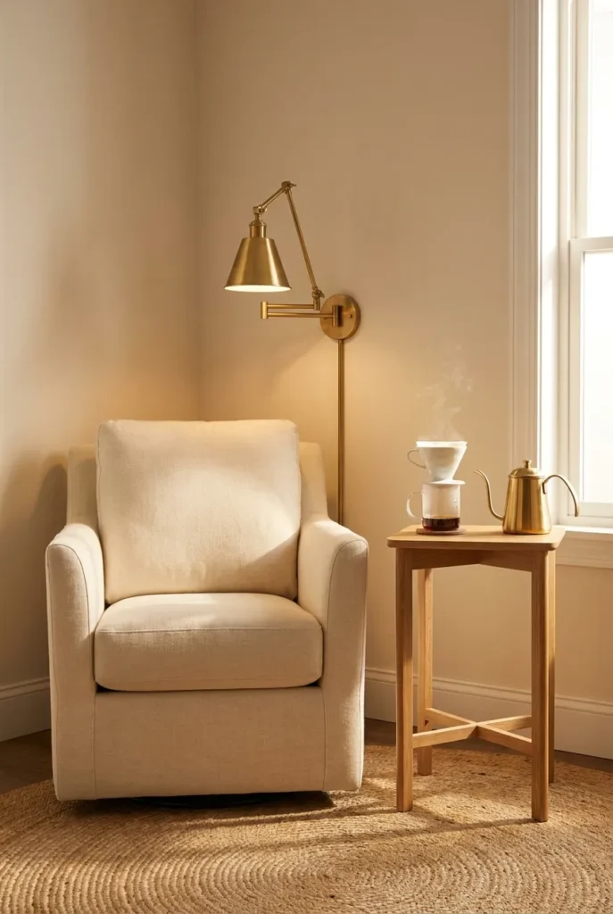 Three-piece coffee nook reading corner with armchair, oak side table, pour-over kit, and brass swing-arm sconce.