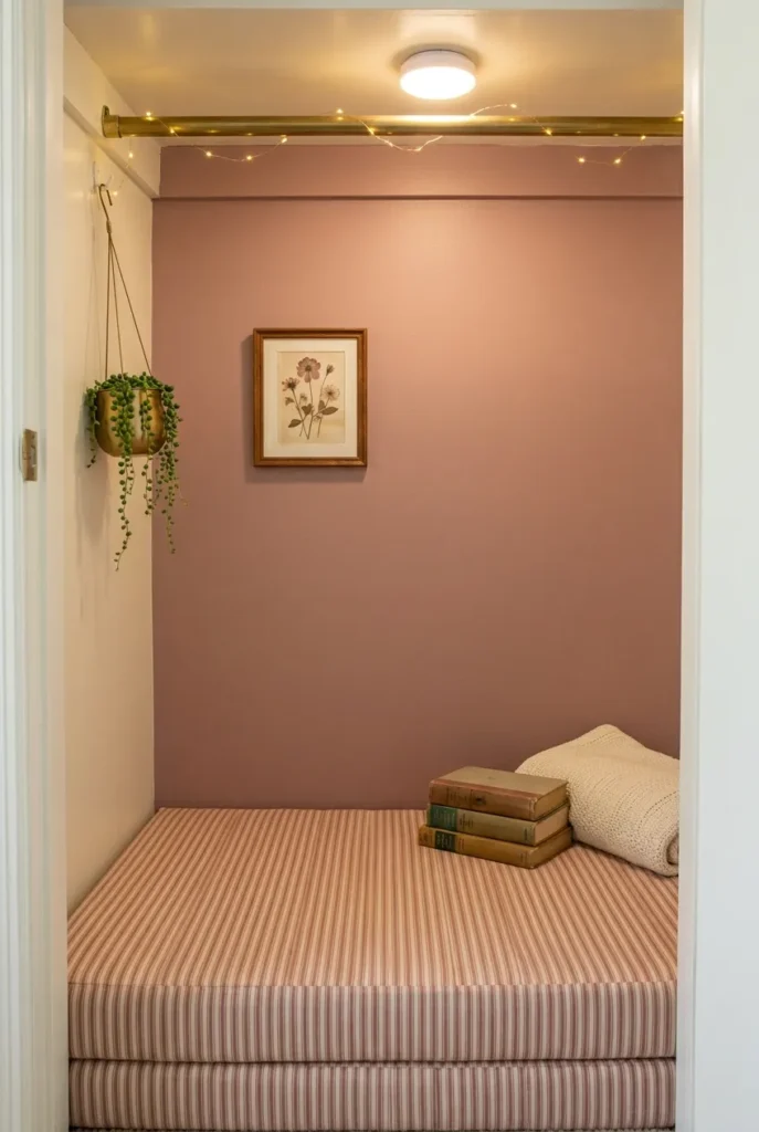 Tiny pink closet reading nook with foam pad, fairy lights, and small framed art in a converted alcove.