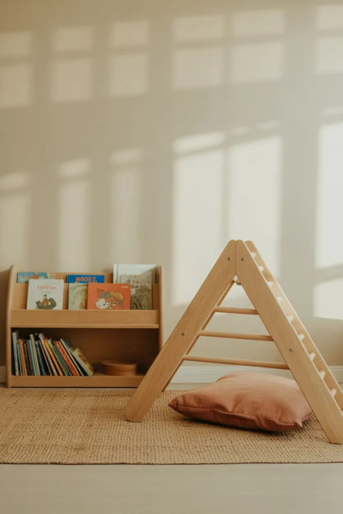 Toddler reading nook montessori with low bookshelf and Pikler triangle on jute rug.