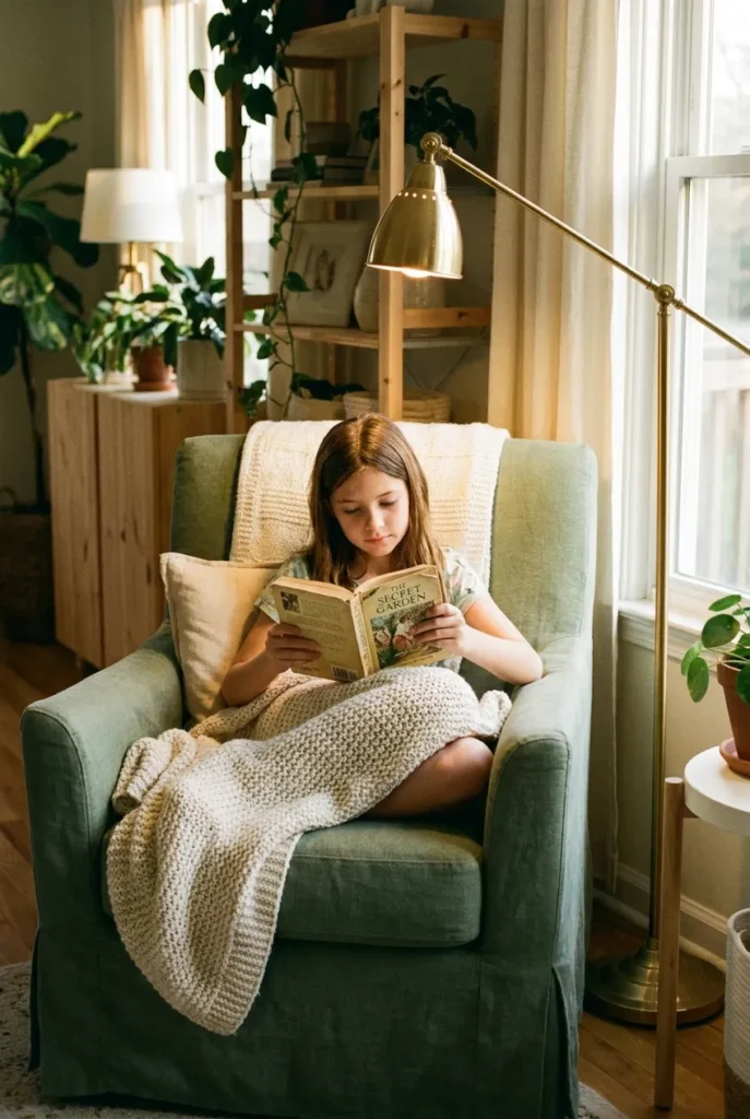 Tween reading happily in a self-chosen armchair, showing a corner she helped design.