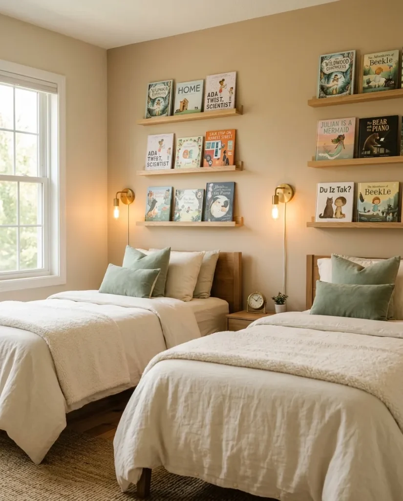 Two sets of oak book ledges above twin beds in shared kids bedroom with cover-out books
