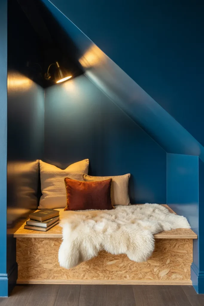 Under stairs basement reading nook in deep navy with cushioned bench, brass picture light, and styled pillows.