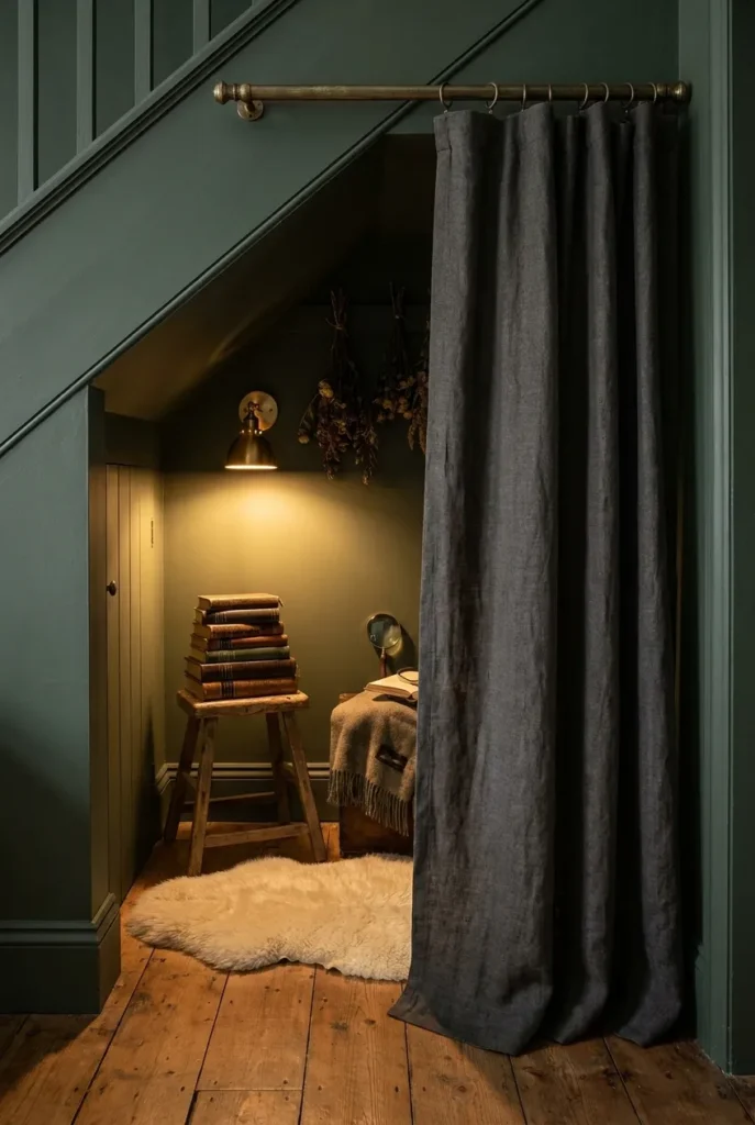Under-stairs cupboard reading nook with charcoal linen curtain, sheepskin, and warm sconce light.