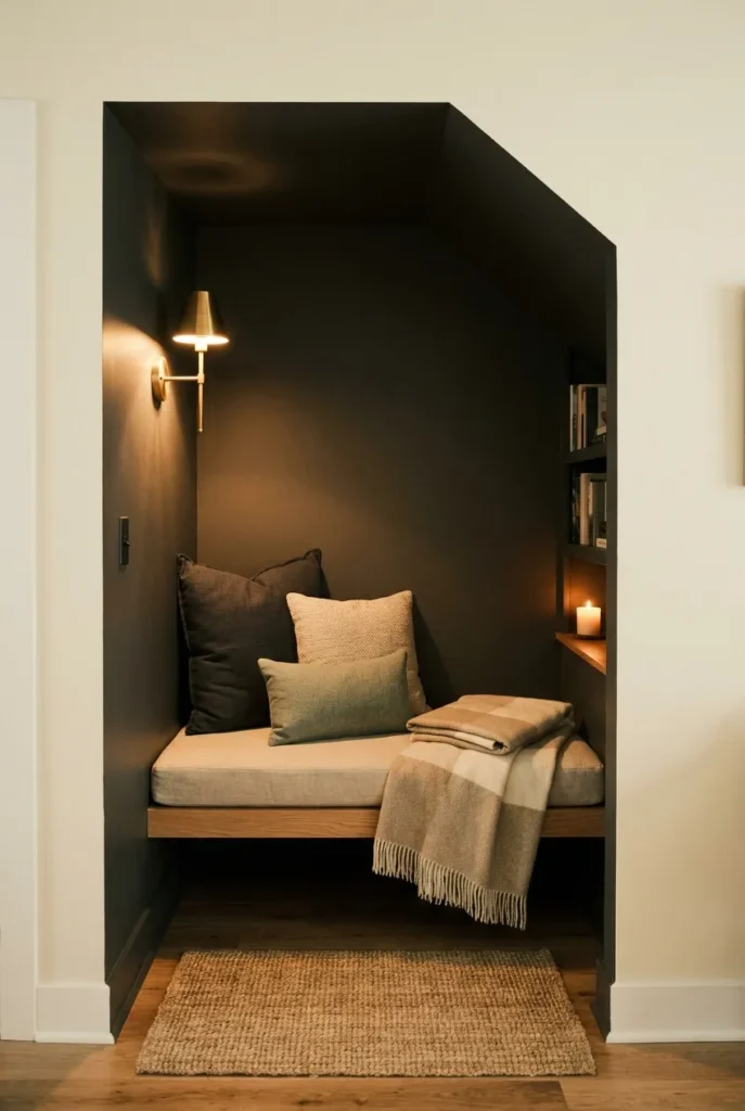 Under-stairs hygge reading nook with charcoal walls, oat cushion, sage pillow, and brass sconce.