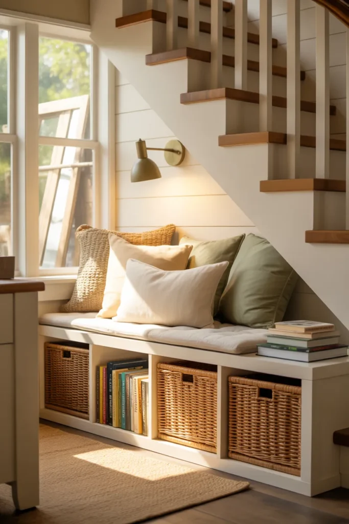 Under stairs reading nook with IKEA Kallax storage bench and woven baskets