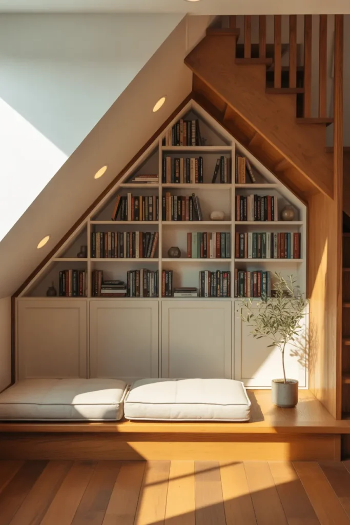 Under-stairs reading nook with built-in bookshelves, cream bench, and recessed lighting