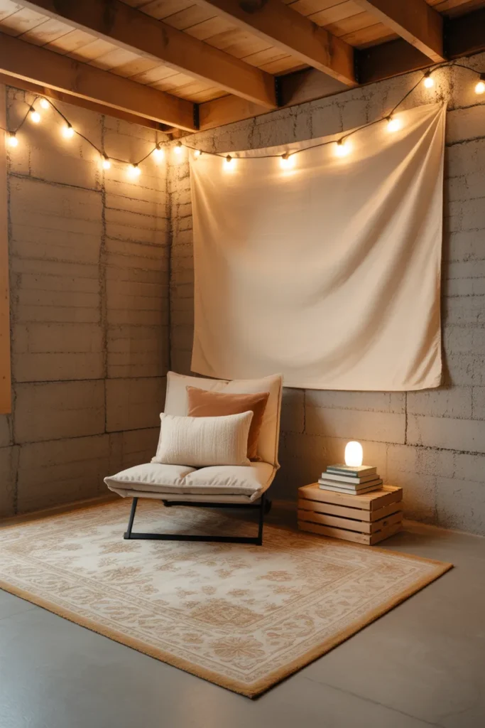 Unfinished basement reading nook with large rug, floor lounger, string lights on joists, and crate side table.
