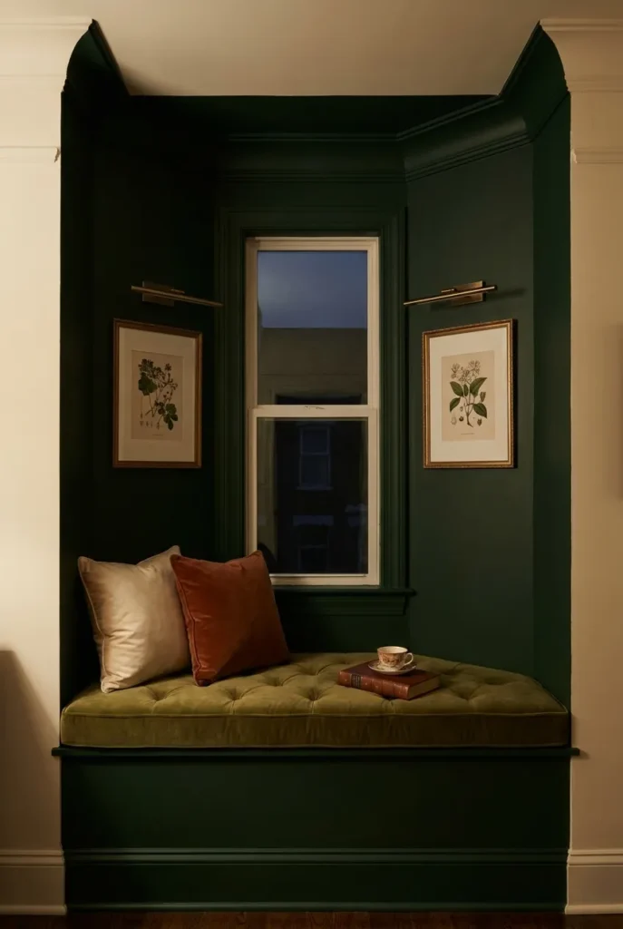 Victorian bay window reading nook painted forest green with tufted velvet cushion and antique brass picture light.