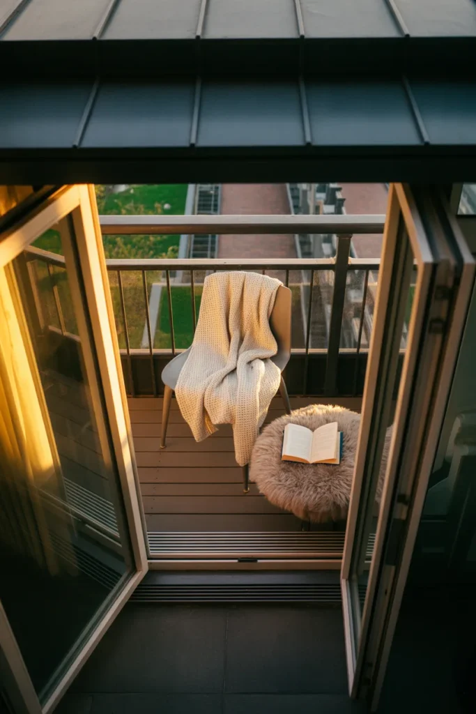 View from apartment doorway onto a styled balcony reading nook in afternoon light.