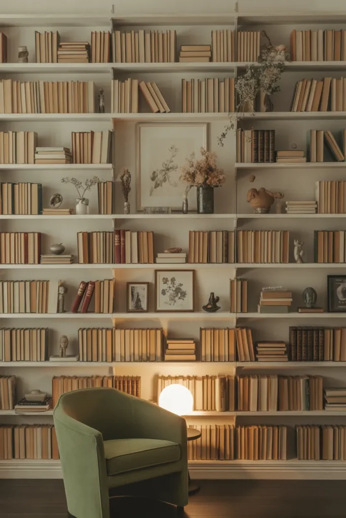 Vintage book wall behind a green armchair styled as a grandmacore reading nook.