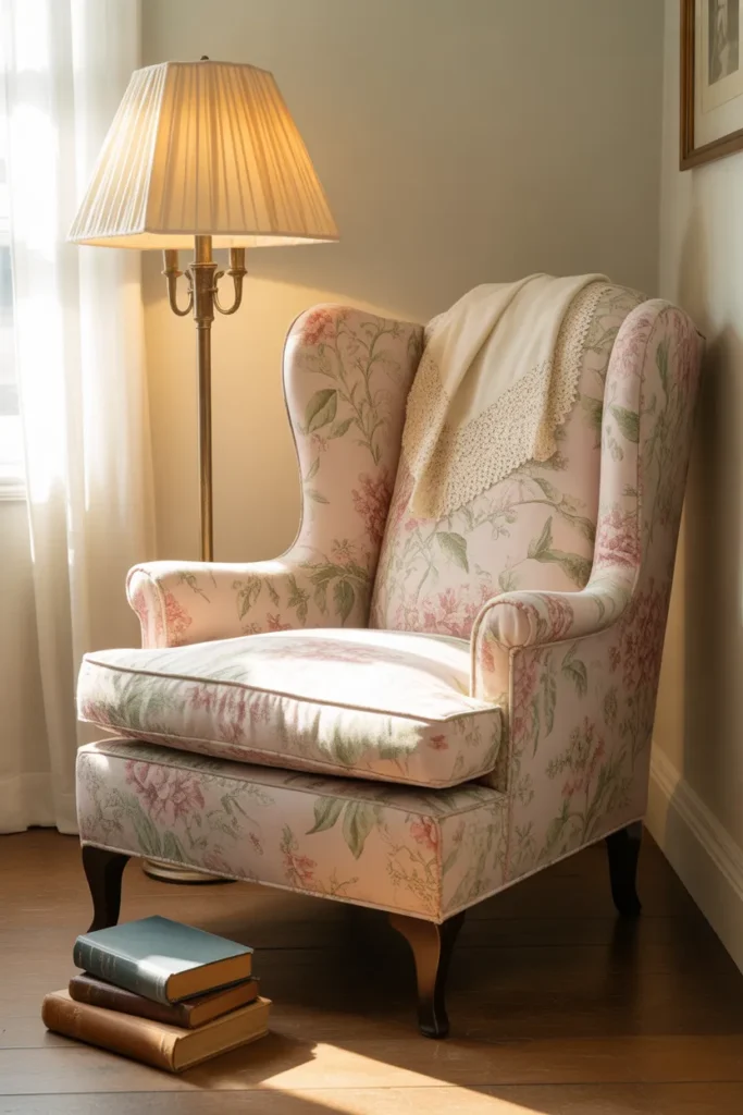 Vintage chintz floral wingback chair styled as a grandmacore reading nook anchor.