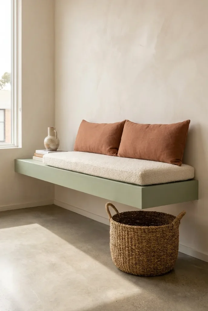 Wall-mounted reading nook bench in studio apartment with sage paint and cream cushion.