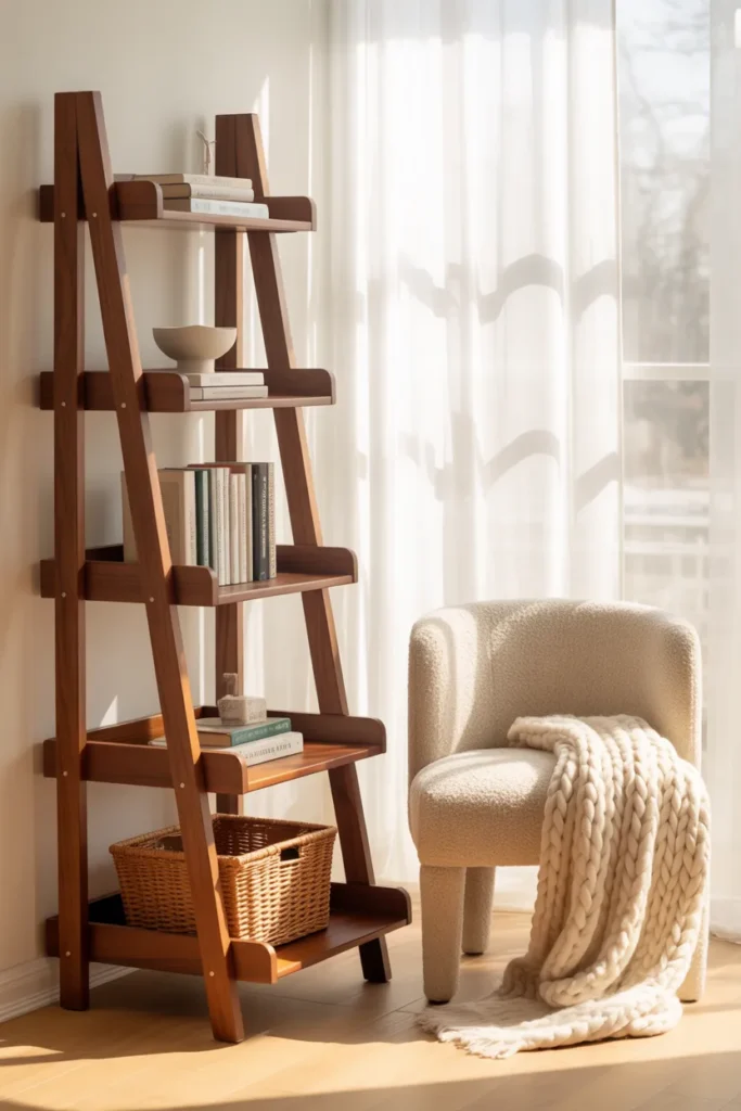 Walnut leaning ladder bookshelf next to a cream boucle reading chair in a mid-century modern nook