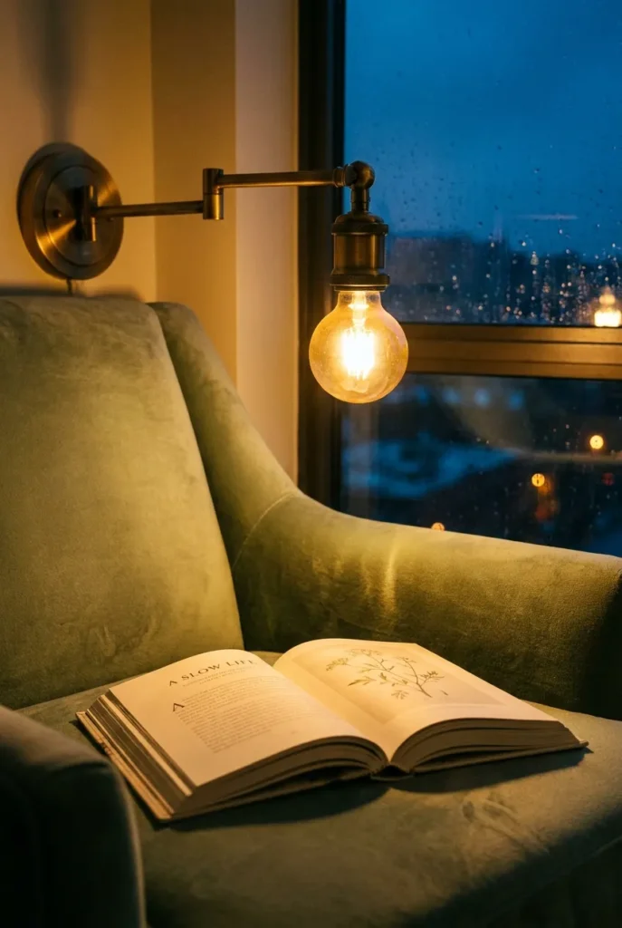 Warm 2700K swing-arm lamp lighting an open book in a tween reading corner at dusk.