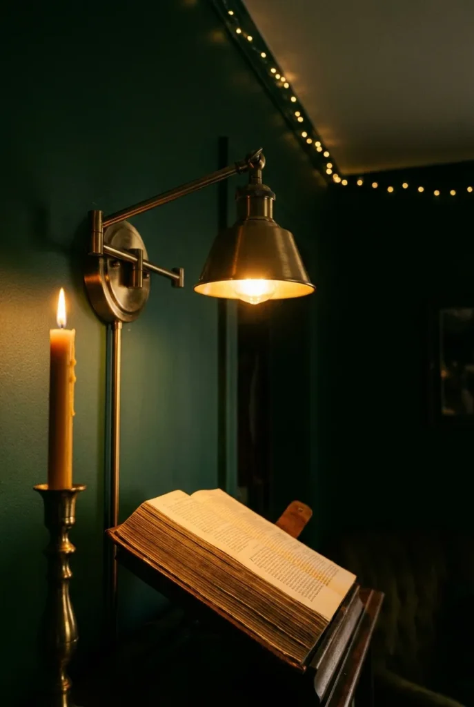 Warm brass sconce and beeswax candle lighting a Harry Potter reading nook book on green wall.