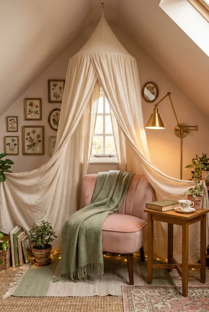 Whimsical fairy tale reading nook with blush armchair, linen canopy, brass sconce, and sage throw.