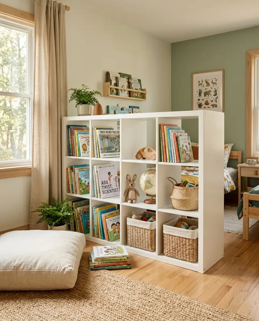 White KALLAX bookshelf divider with reading nook on one side in shared kids bedroom