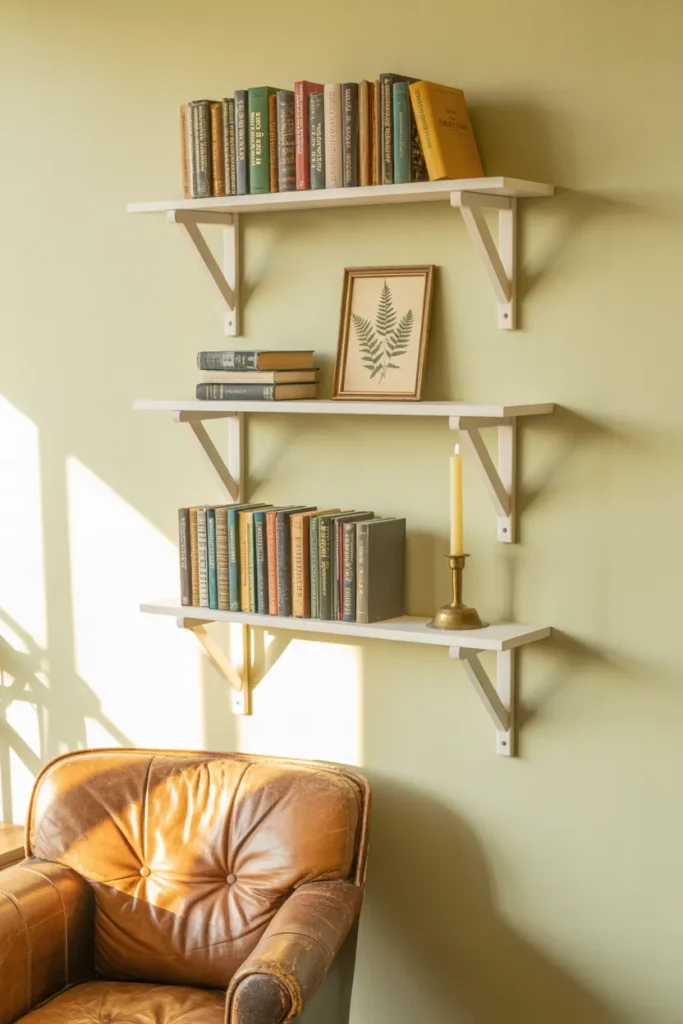 White picture ledges displaying face-out books above a vintage leather chair in a cottagecore reading nook